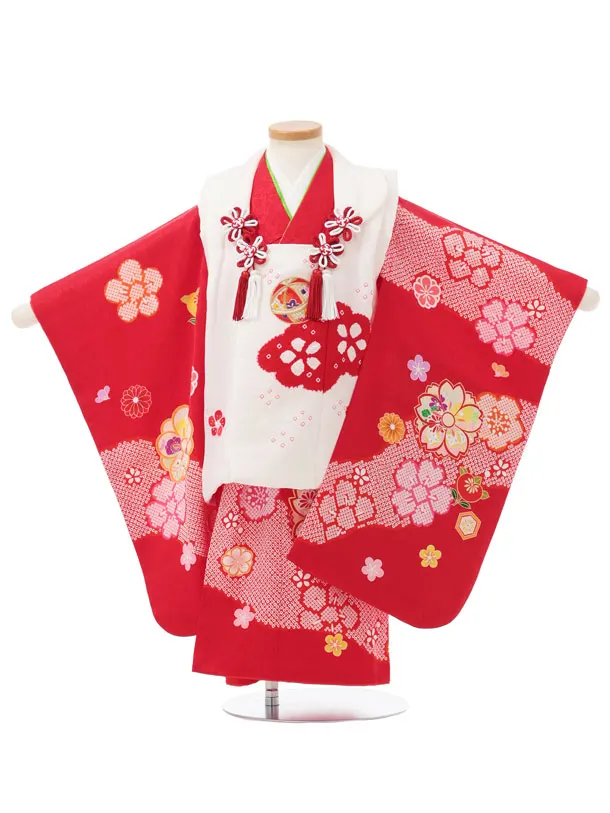 七五三レンタル(3歳女児被布)S320 【正絹】白地 刺繍まり×赤 八重桜に橘