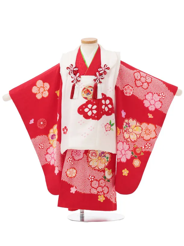七五三レンタル(3歳女児被布)S320 【正絹】白地 刺繍まり×赤 八重桜に橘