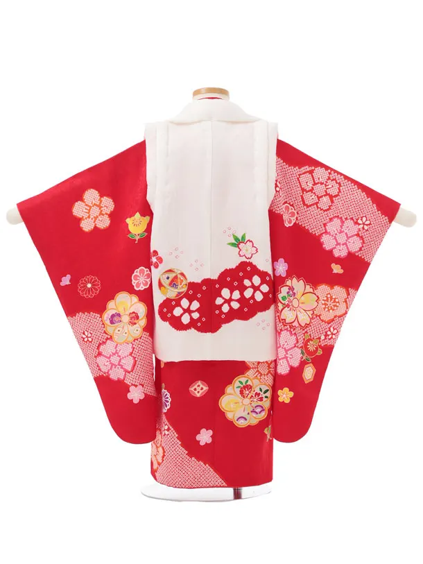 七五三レンタル(3歳女児被布)S320 【正絹】白地 刺繍まり×赤 八重桜に橘