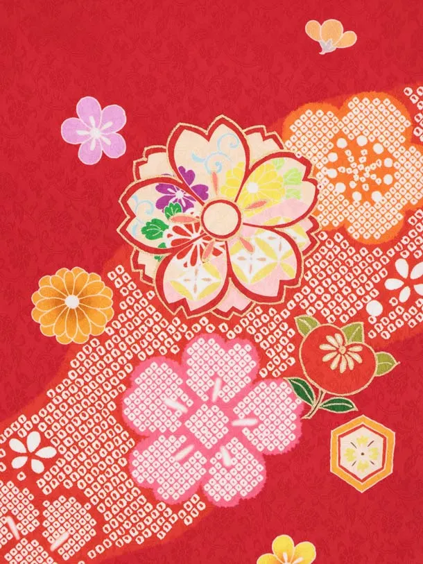 七五三レンタル(3歳女児被布)S320 【正絹】白地 刺繍まり×赤 八重桜に橘