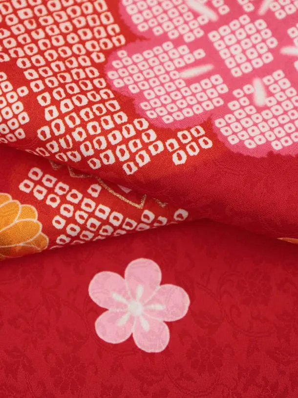 七五三レンタル(3歳女児被布)S320 【正絹】白地 刺繍まり×赤 八重桜に橘