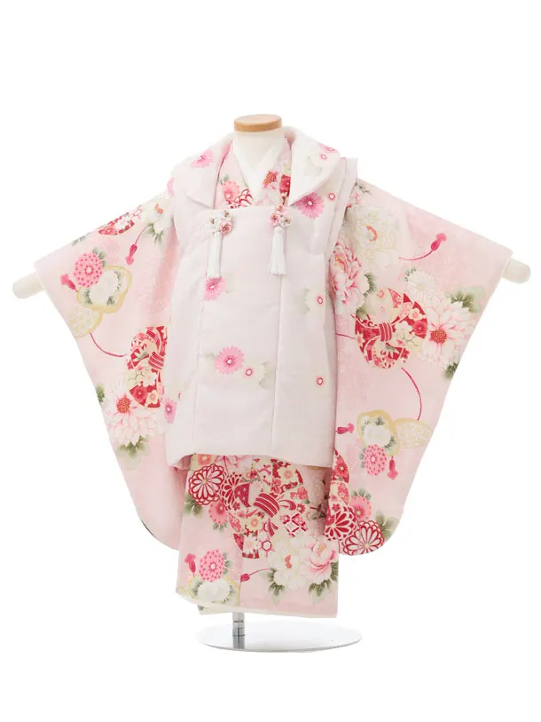 七五三レンタル(3歳女児被布)S321 華徒然 ピンク 熨斗 丸に菊 牡丹