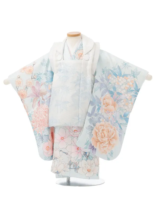 七五三レンタル(3歳女児被布)S322 白 × 水色 大牡丹に花