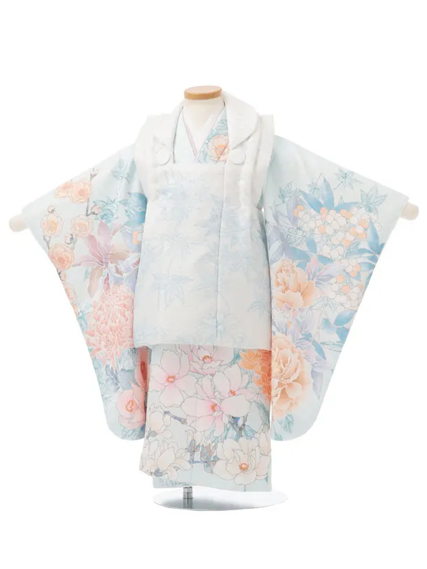 七五三レンタル(3歳女児被布)S322 白 × 水色 大牡丹に花
