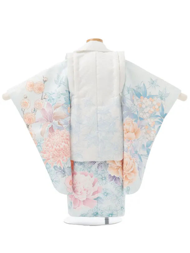 七五三レンタル(3歳女児被布)S322 白 × 水色 大牡丹に花