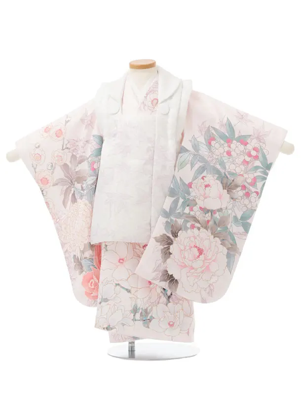 七五三レンタル(3歳女児被布)S324 白 × 薄ピンク 大牡丹に花