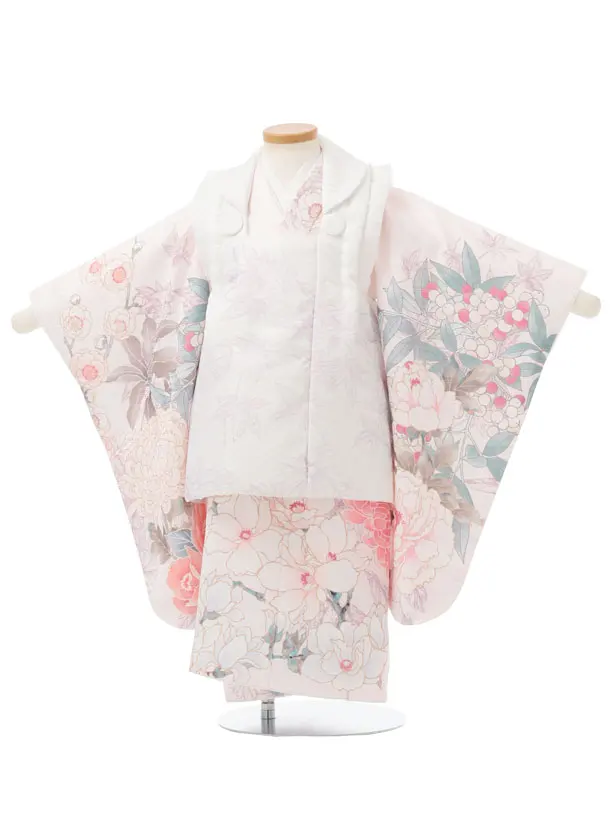 七五三レンタル(3歳女児被布)S324 白 × 薄ピンク 大牡丹に花
