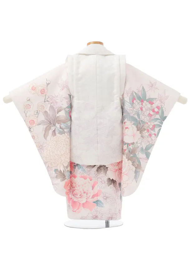 七五三レンタル(3歳女児被布)S324 白 × 薄ピンク 大牡丹に花