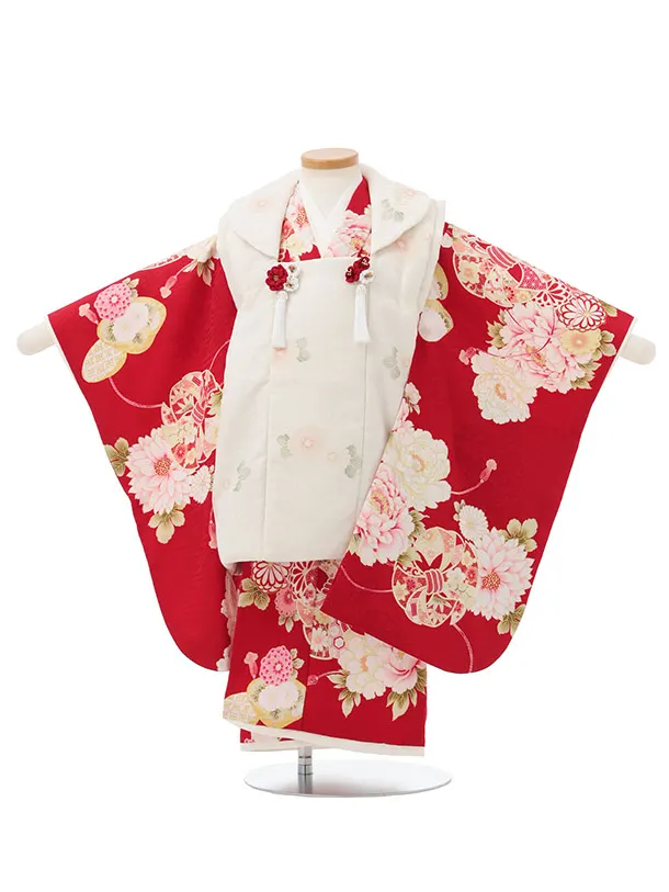 七五三(2,3歳女児被布)S345 華徒然 ベージュ×赤 熨斗丸に菊 牡丹