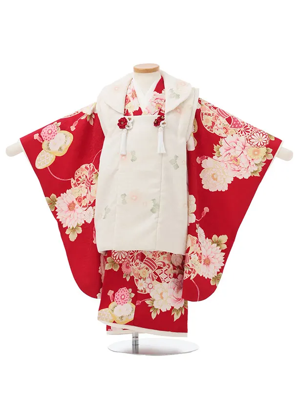 七五三(2,3歳女児被布)S345 華徒然 ベージュ×赤 熨斗丸に菊 牡丹