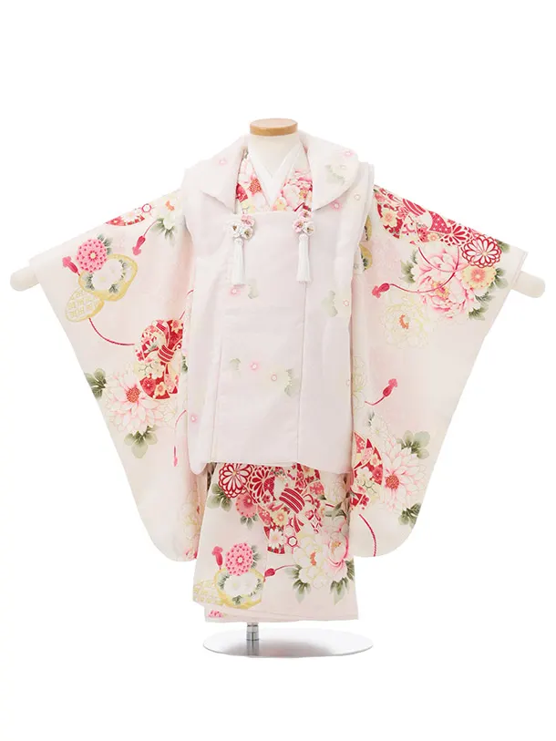 七五三(2,3歳女児被布)S346 華徒然 ピンク×クリーム 熨斗丸に菊 牡丹