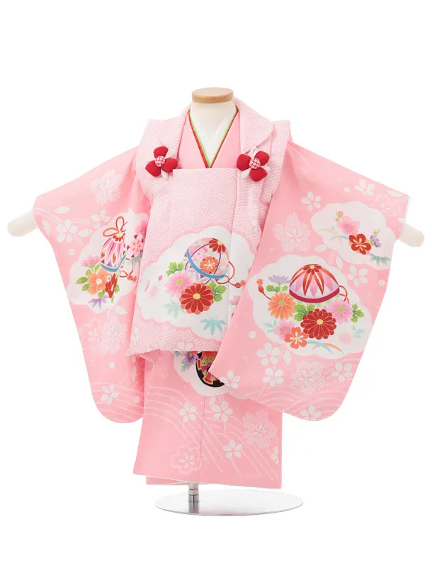 七五三レンタル(2歳女児被布)S349 ピンク鹿の子柄 鞠×ピンク雲取り花車