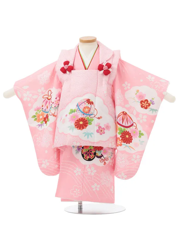 七五三レンタル(2歳女児被布)S349 ピンク鹿の子柄 鞠×ピンク雲取り花車