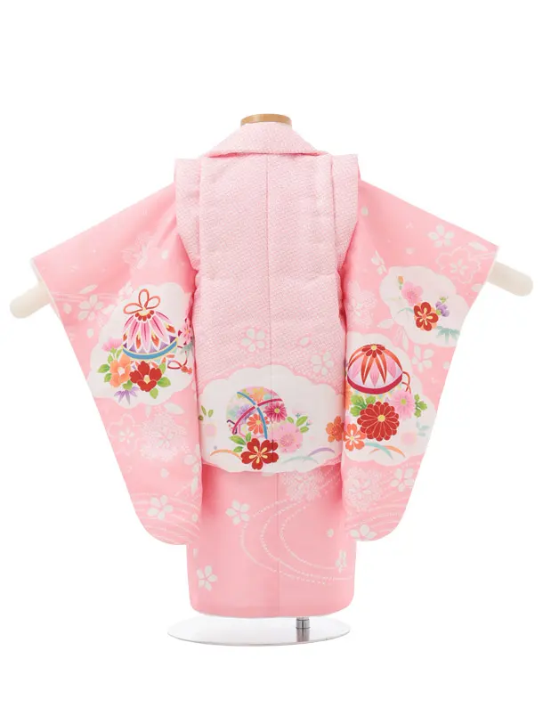 七五三レンタル(2歳女児被布)S349 ピンク鹿の子柄 鞠×ピンク雲取り花車