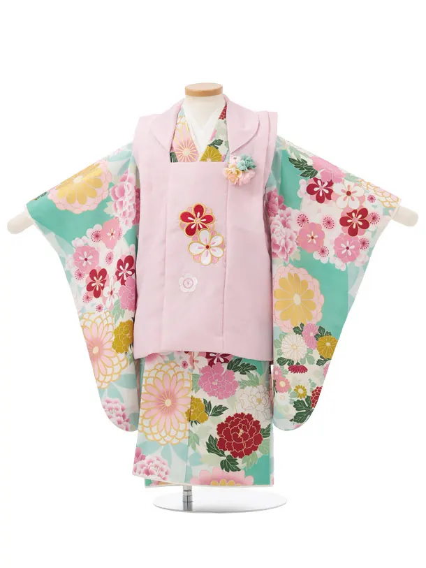 七五三(3歳被布)S353 花わらべ ピンク地 梅 × ミント地 古典花