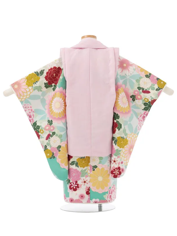 七五三(3歳被布)S353 花わらべ ピンク地 梅 × ミント地 古典花