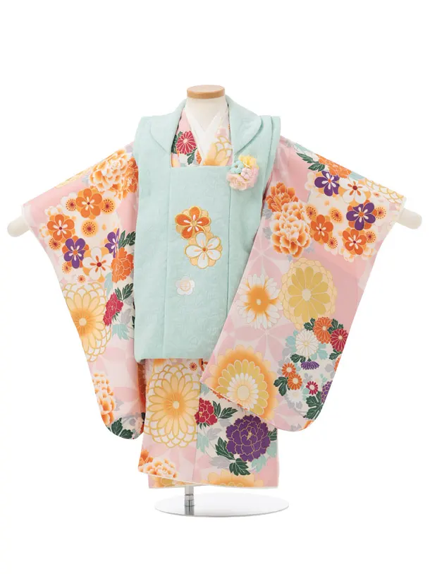 七五三(3歳被布)S354 花わらべ ミント地 梅 × ピンク地 古典花