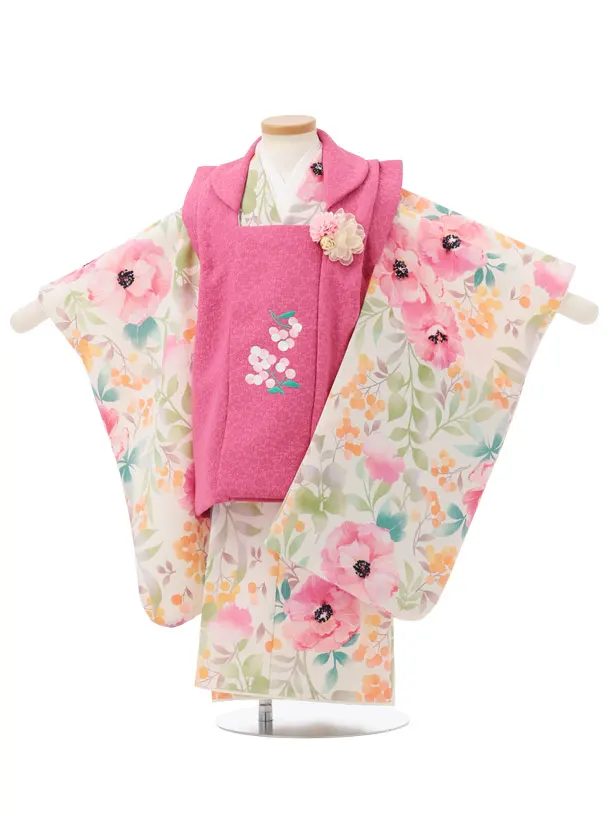 七五三(3歳被布)S355 花わらべ ピンク× オフ白 カラフルフラワー