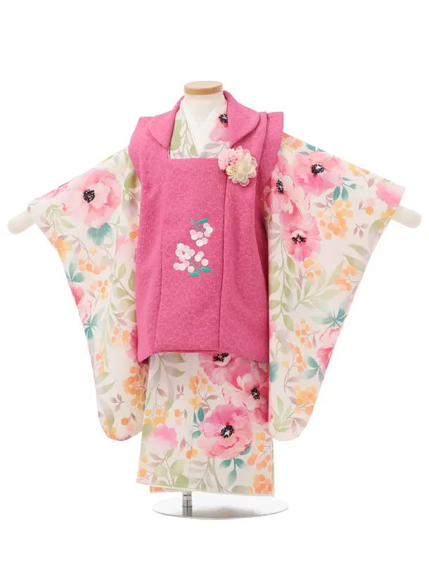 七五三(3歳被布)S355 花わらべ ピンク× オフ白 カラフルフラワー