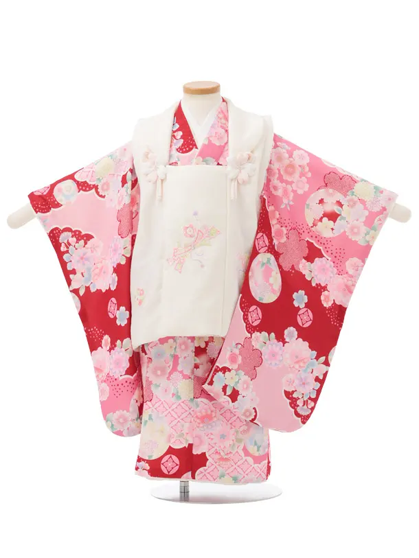 七五三レンタル(3歳被布)S361 オフ白 刺繍花熨斗×赤地に鞠桜
