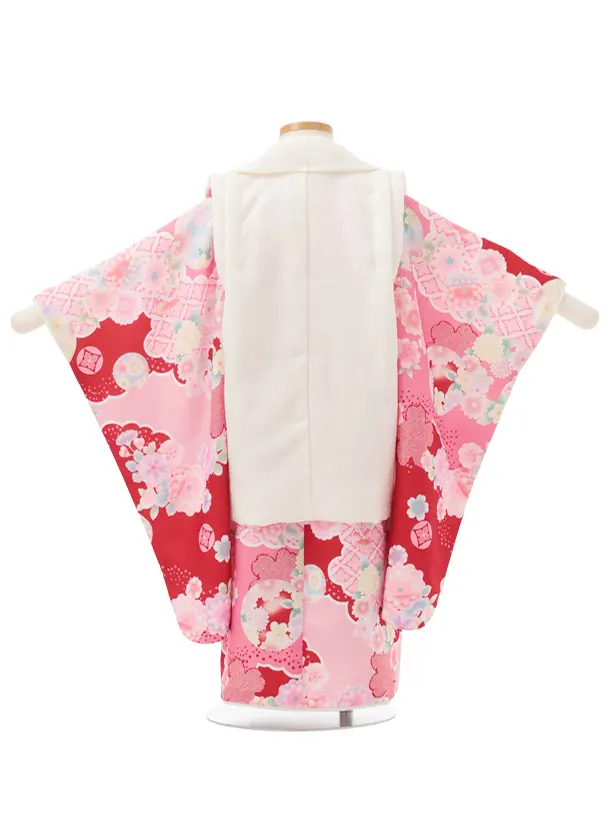 七五三レンタル(3歳被布)S361 オフ白 刺繍花熨斗×赤地に鞠桜