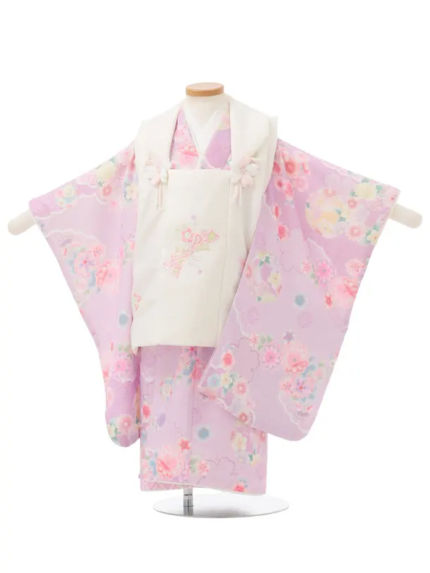 七五三レンタル(3歳被布)S362 白刺繍花熨斗×藤色鞠桜