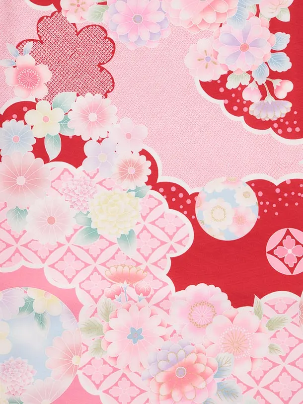 七五三レンタル(3歳被布)S363 オフ白刺繍花熨斗×赤地鞠桜