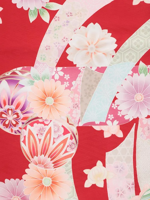 七五三レンタル(3歳被布)S364 ピンク刺繍花熨斗×赤熨斗鞠