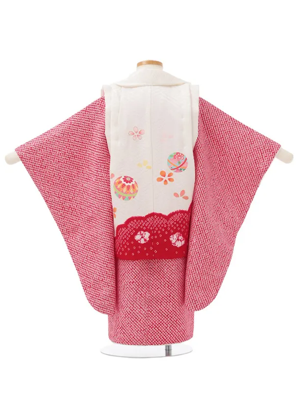 七五三レンタル(3歳被布)S371  【正絹】白地まり×赤絞り