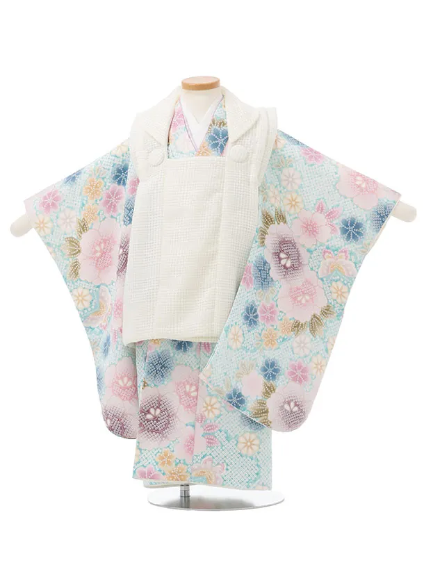 七五三レンタル(3歳被布)S378 オフホワイト×水色疋田柄花