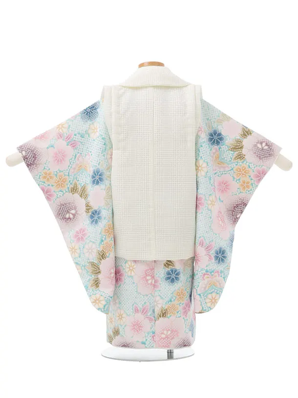 七五三レンタル(3歳被布)S378 オフホワイト×水色疋田柄花
