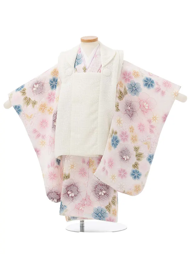 七五三レンタル(3歳被布)S379 オフホワイト×ピンク疋田柄花