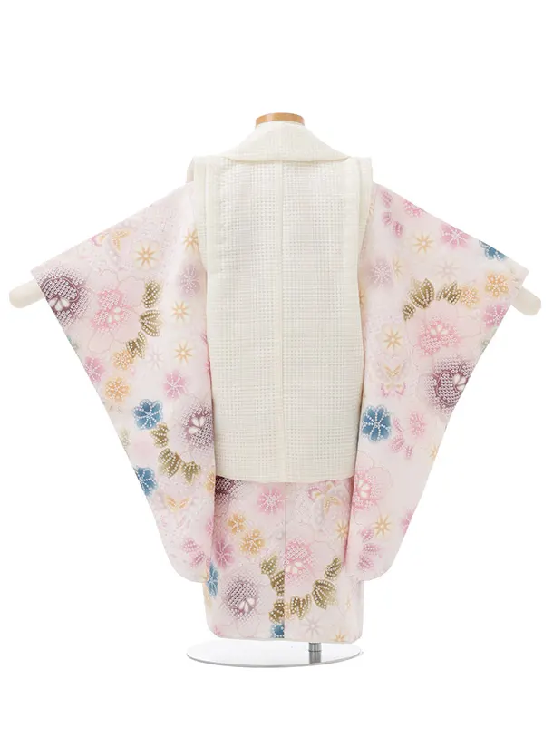 七五三レンタル(3歳被布)S379 オフホワイト×ピンク疋田柄花