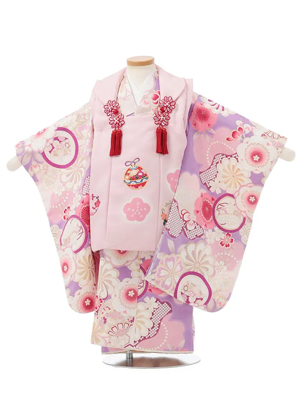 七五三レンタル(3歳被布)S382 ピンク 鈴×藤色 桜 梅に丸紋