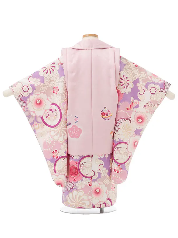 七五三レンタル(3歳被布)S382 ピンク 鈴×藤色 桜 梅に丸紋