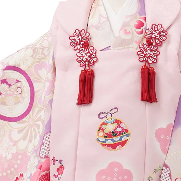 七五三レンタル(3歳被布)S382 ピンク 鈴×藤色 桜 梅に丸紋
