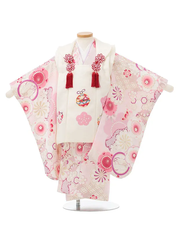 七五三レンタル(3歳被布)S383 クリーム 鈴×ピンク 桜 梅に丸紋