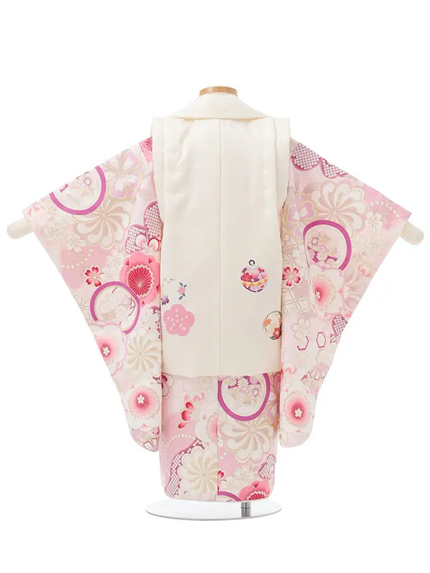 七五三レンタル(3歳被布)S383 クリーム 鈴×ピンク 桜 梅に丸紋