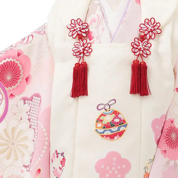 七五三レンタル(3歳被布)S383 クリーム 鈴×ピンク 桜 梅に丸紋