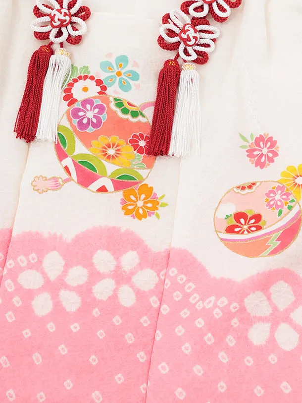 七五三レンタル(3歳被布)S388 【正絹】白 × ピンク 刺繍 まり 花