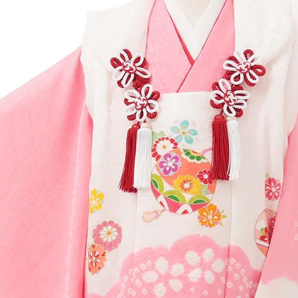 七五三レンタル(3歳被布)S388 【正絹】白 × ピンク 刺繍 まり 花