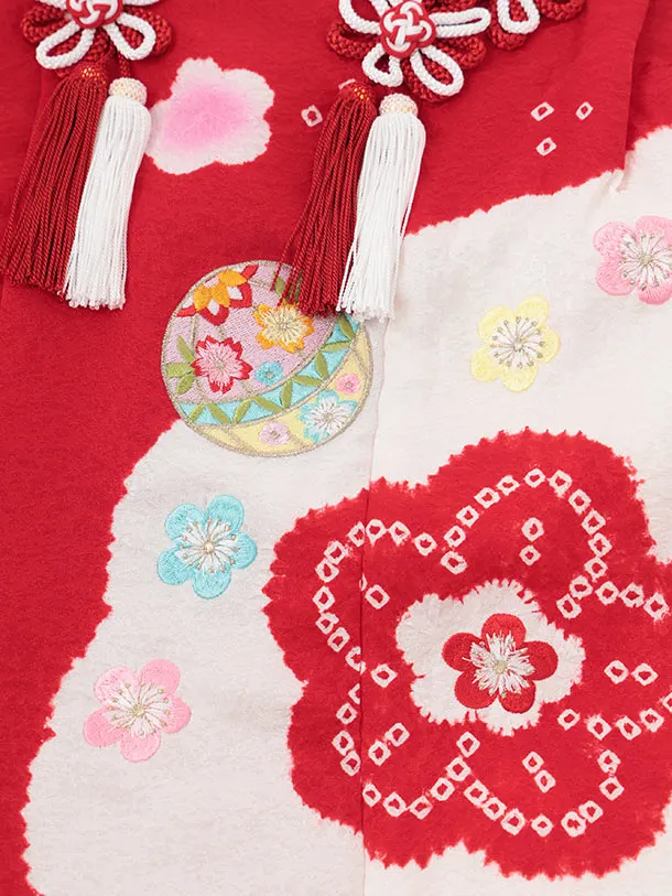 七五三レンタル(3歳被布)S391 【正絹】赤 × 赤 刺繍 まり 梅