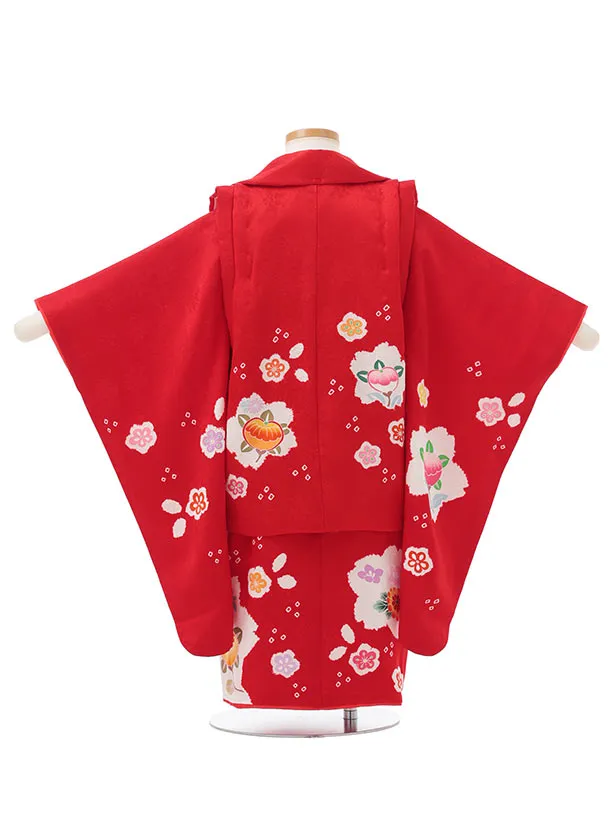七五三レンタル(3歳被布)S393 【正絹】赤 × 赤 橘に花