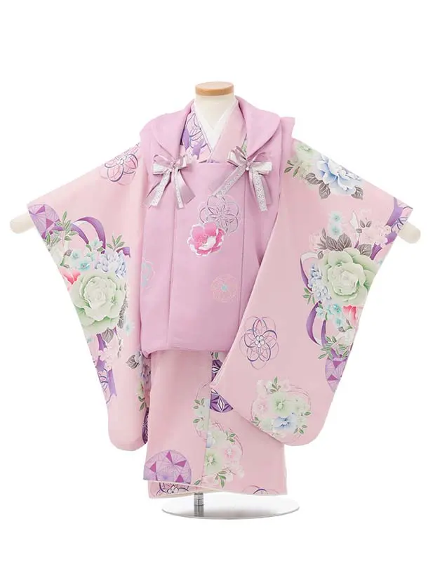七五三レンタル(3歳被布)S394 Shinako 薄紫×ピンク花リボン