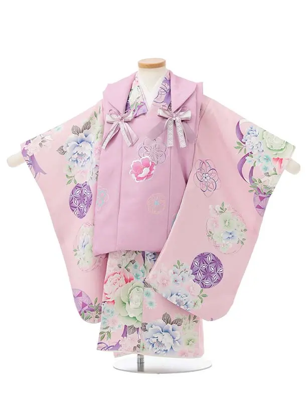 七五三レンタル(3歳被布)S395 Shinako 薄紫×ピンク花リボン