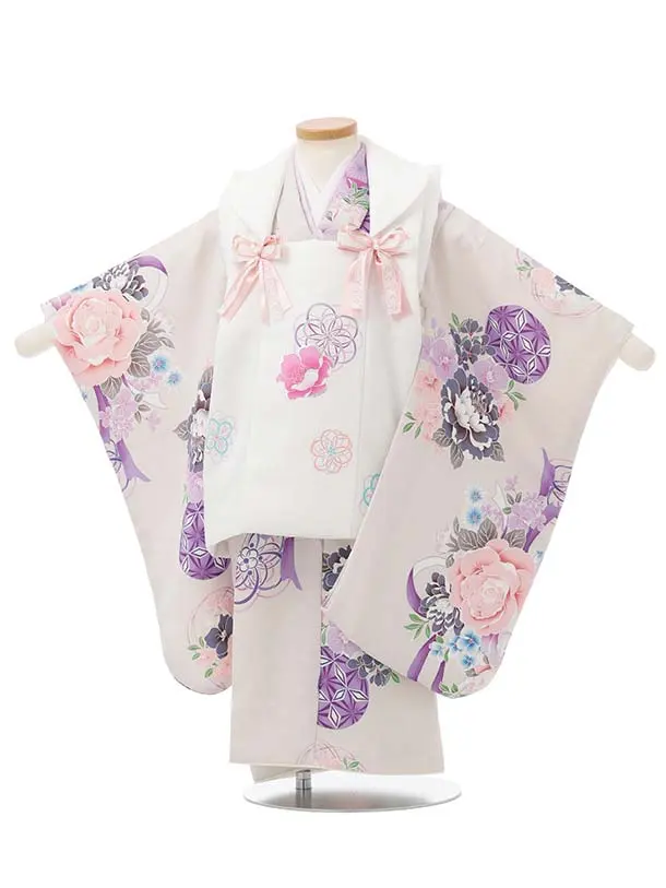 七五三レンタル(3歳被布)S397 Shinako 白×薄グレー 花リボン