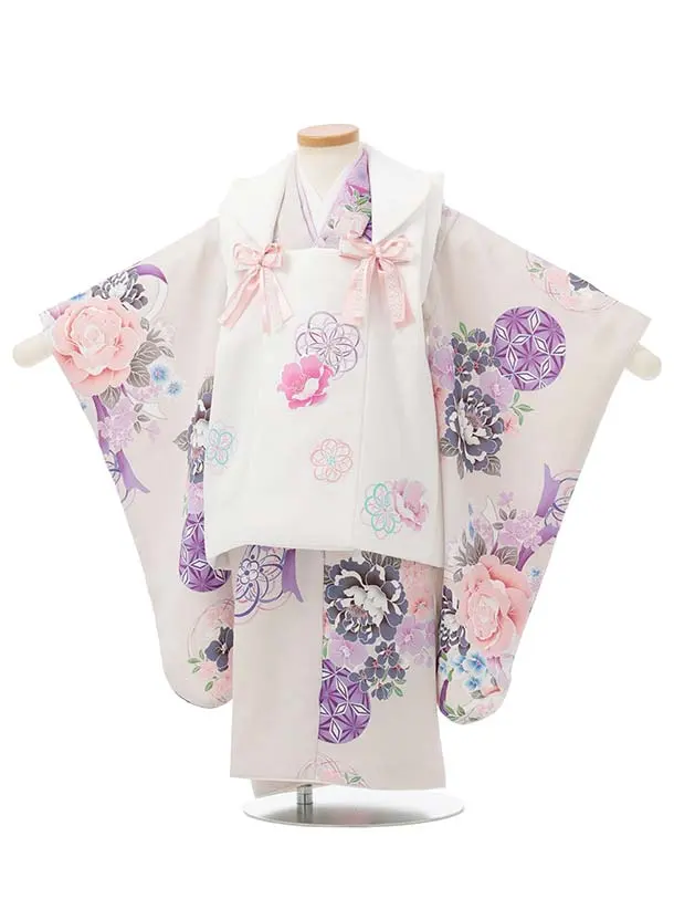 七五三レンタル(3歳被布)S397 Shinako 白×薄グレー 花リボン
