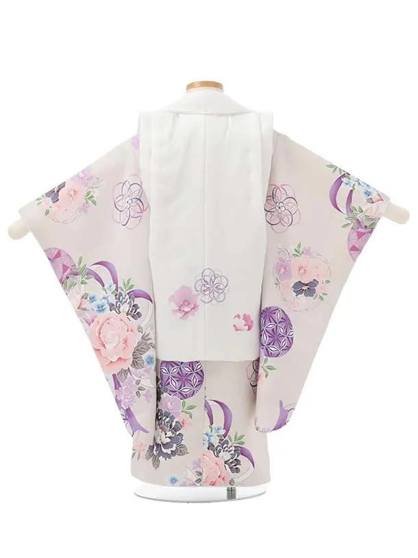 七五三レンタル(3歳被布)S397 Shinako 白×薄グレー 花リボン