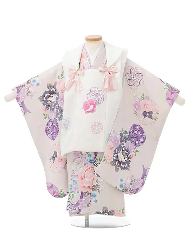 七五三レンタル(3歳被布)S398 Shinako 白×薄グレー 花リボン