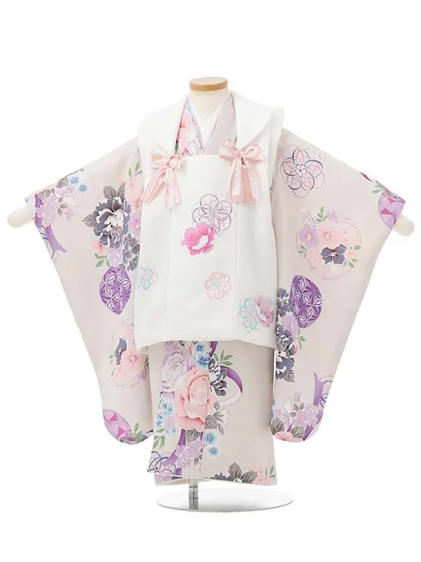 七五三レンタル(3歳被布)S398 Shinako 白×薄グレー 花リボン